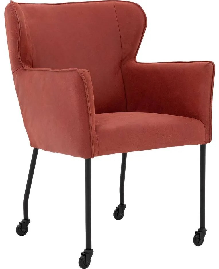 Goossens Excellent Eetkamerstoel Leogang rood leer met armleuning en Zwart skater wiel met zwarte kapmet wielen, elegant chic