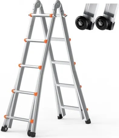 VEVOR 5120 mm A-frame telescopische ladder, compacte aluminium verlengladder, multifunctionele opvouwbare camperladder, voor huiswerk, trappen, binnen- en buitendaken, draagvermogen 150 kg