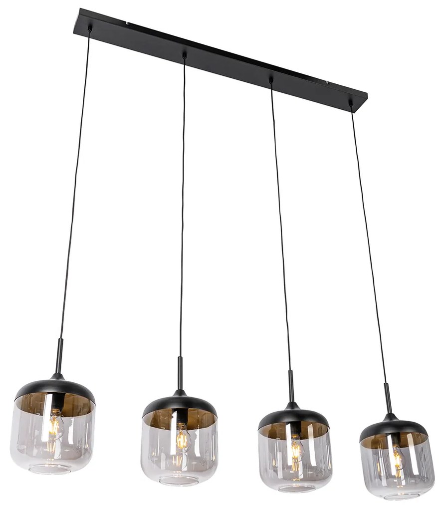 Design hanglamp zwart met goud en smoke glas 4-lichts - Kyan