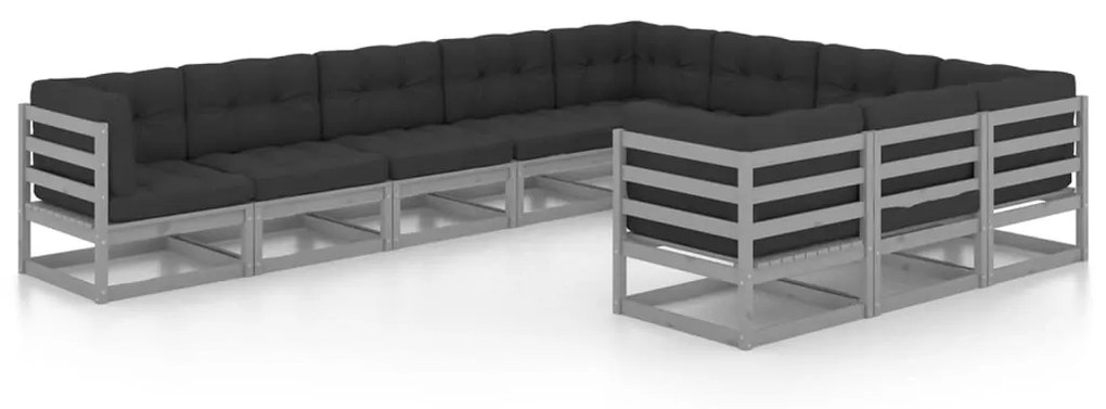 vidaXL 10-delige Loungeset met kussens massief grenenhout grijs