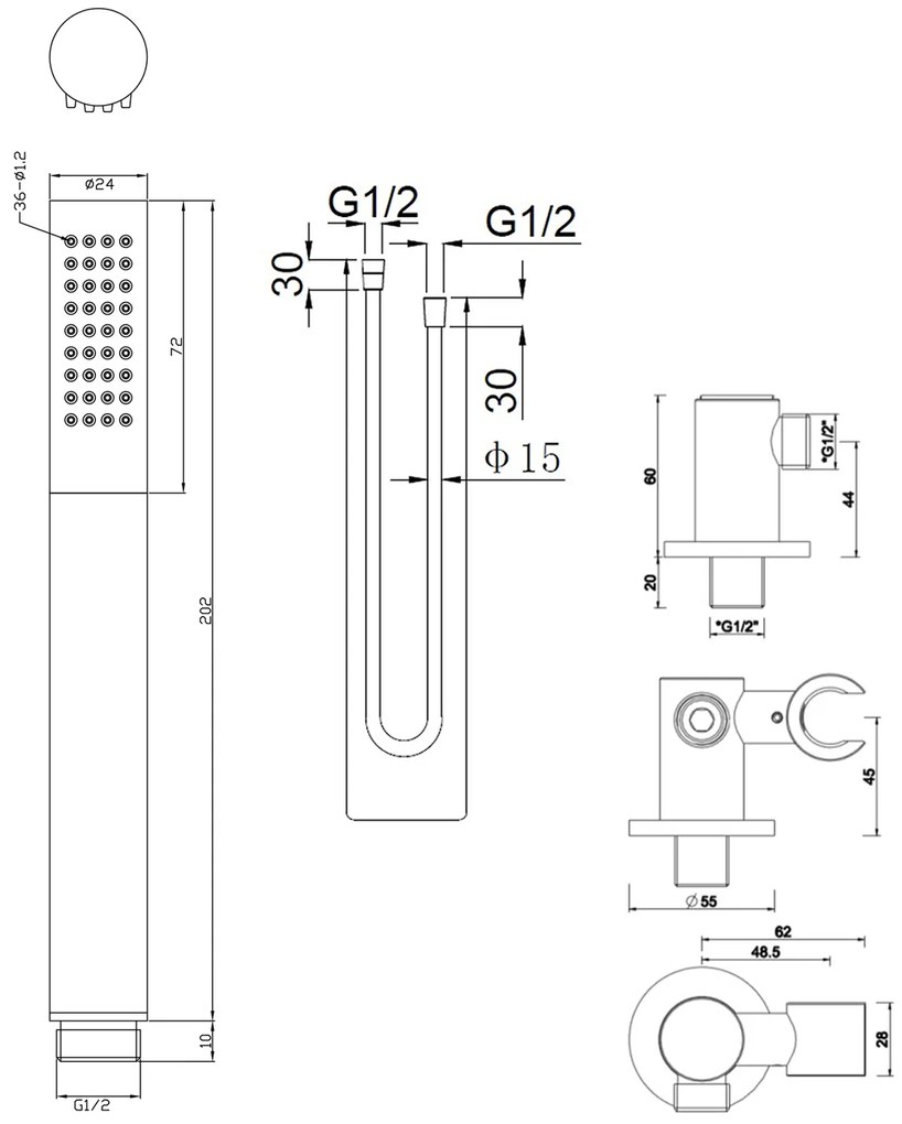 Mueller Round staafhanddoucheset met wandaansluitbocht mat zwart met RVS