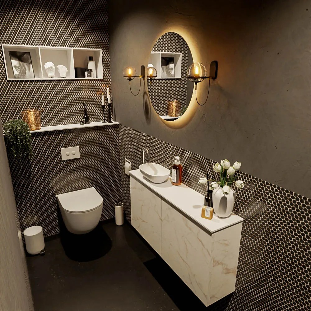 Mondiaz Fowy toiletmeubel 100cm Carrara met witte waskom links en kraangat
