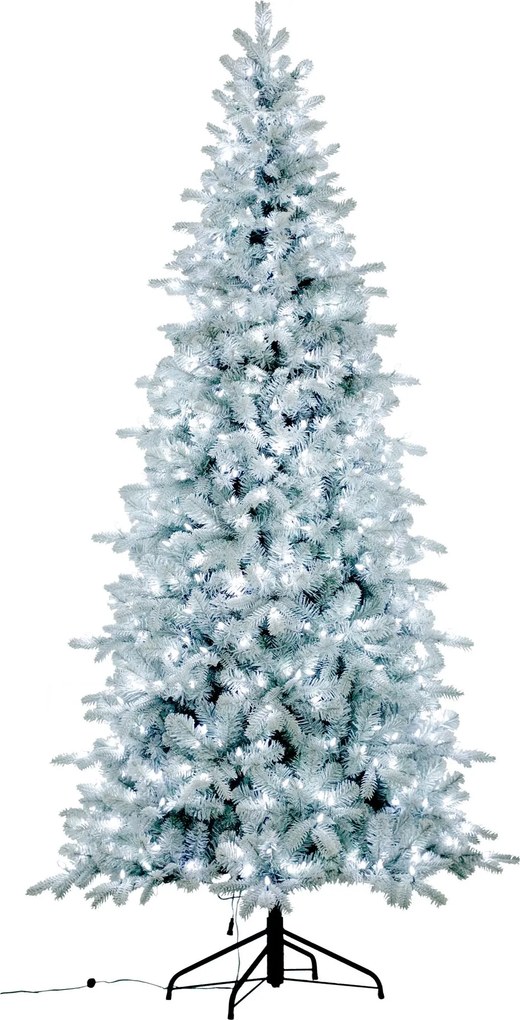 Snowy Blue Comet verlichte kunstkerstboom - 228 cm - White flocked - Diameter 114 cm - 1765 tips - 550 ledlampjes (koud wit) - Besneeuwd/Frosted