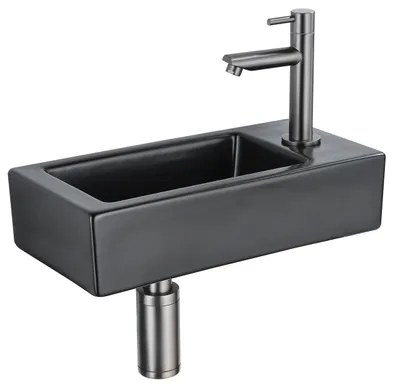 QeramiQ Fuente Fonteinset - 37.5x18.5x9cm - keramiek - kraangat rechts - fonteinkraan gunmetal - afvoerplug - verlaagd sifon - Mat Zwart SW1122447/SW769487/SW767295/SW696239