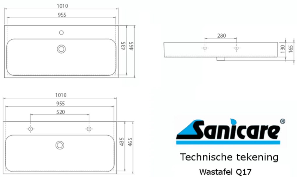 Sanicare Q17 keramische wastafel 101x46.5cm met 2 kraangaten wit