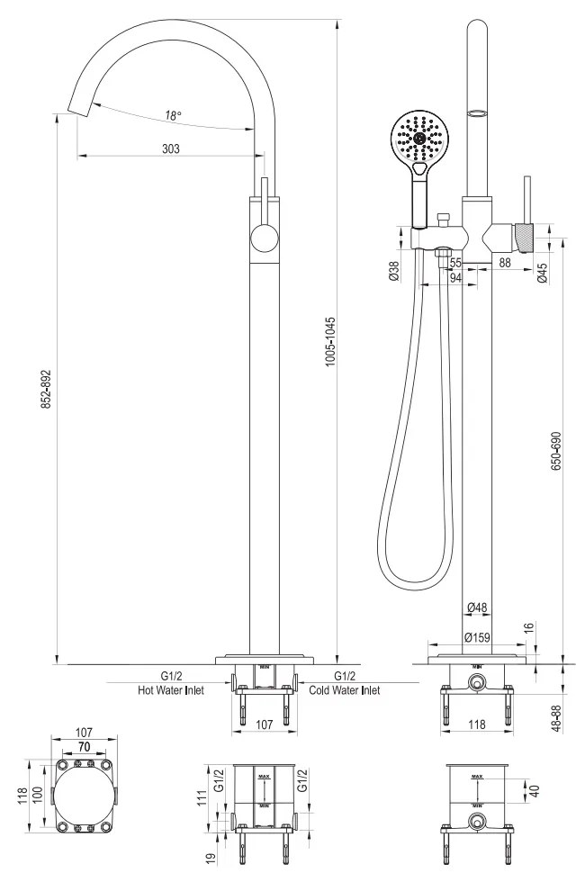 Brauer Brushed Carving vrijstaande badmengkraan met 3 standen handdouche RVS geborsteld PVD