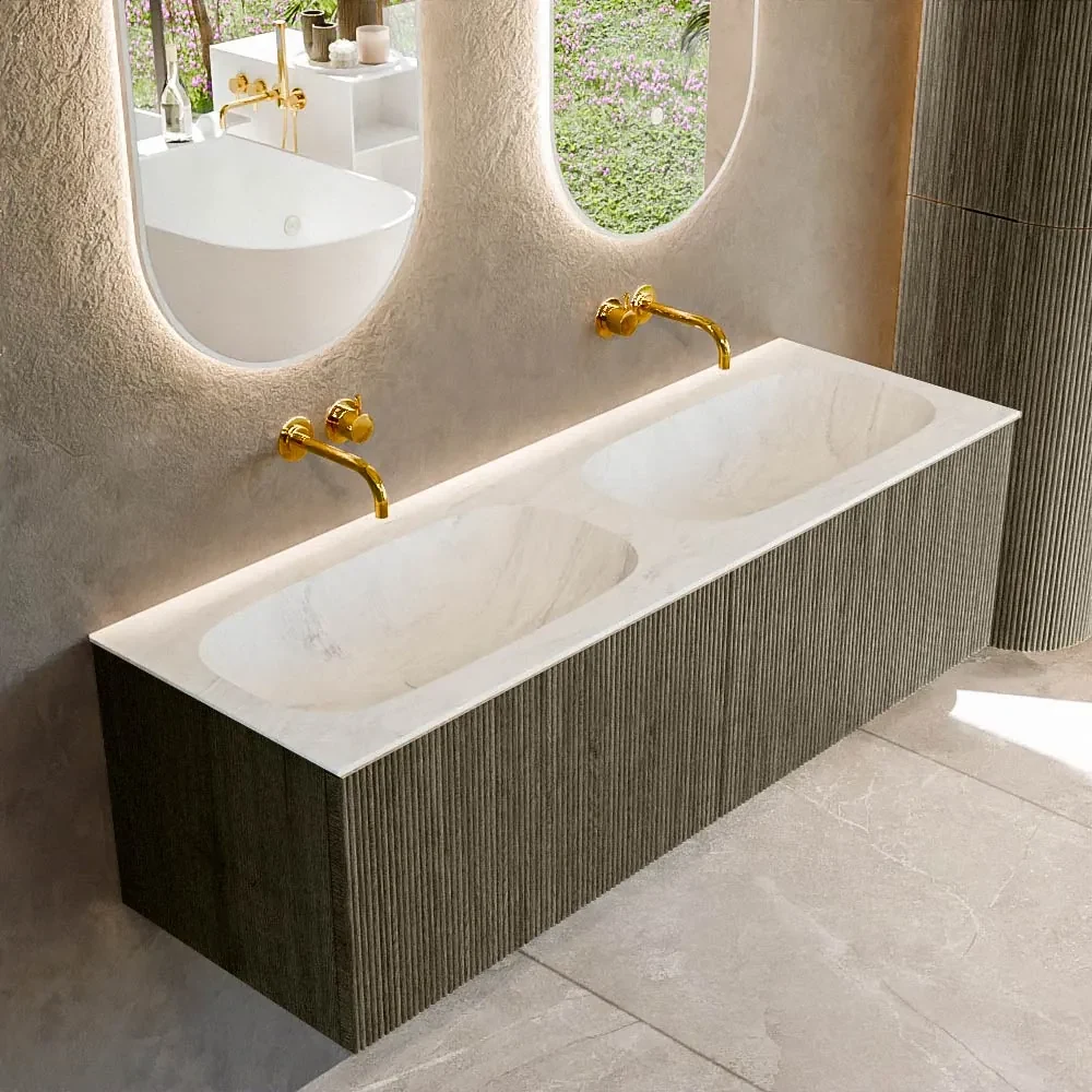 Mondiaz Kurve-dlux 140cm badmeubel shadow met 2 lades en wastafel stor small dubbel zonder kraangat opalo