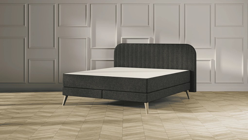 Emma Signature Boxspring Bed 140x200 - Donkergrijs - Strepen Hoofdbord - Beukenhout Pootjes