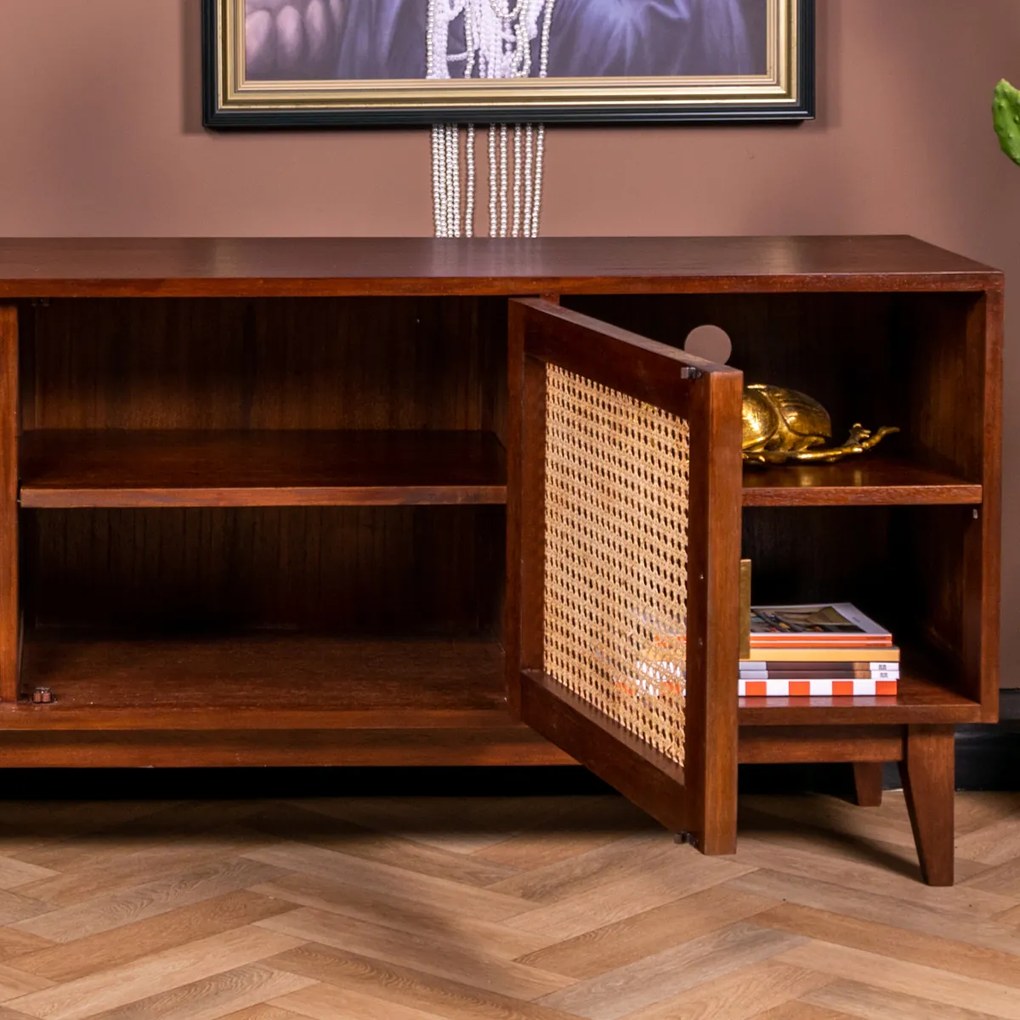 Rotan Webbing Tv-meubel Donkerbruin - 160x40x65cm.