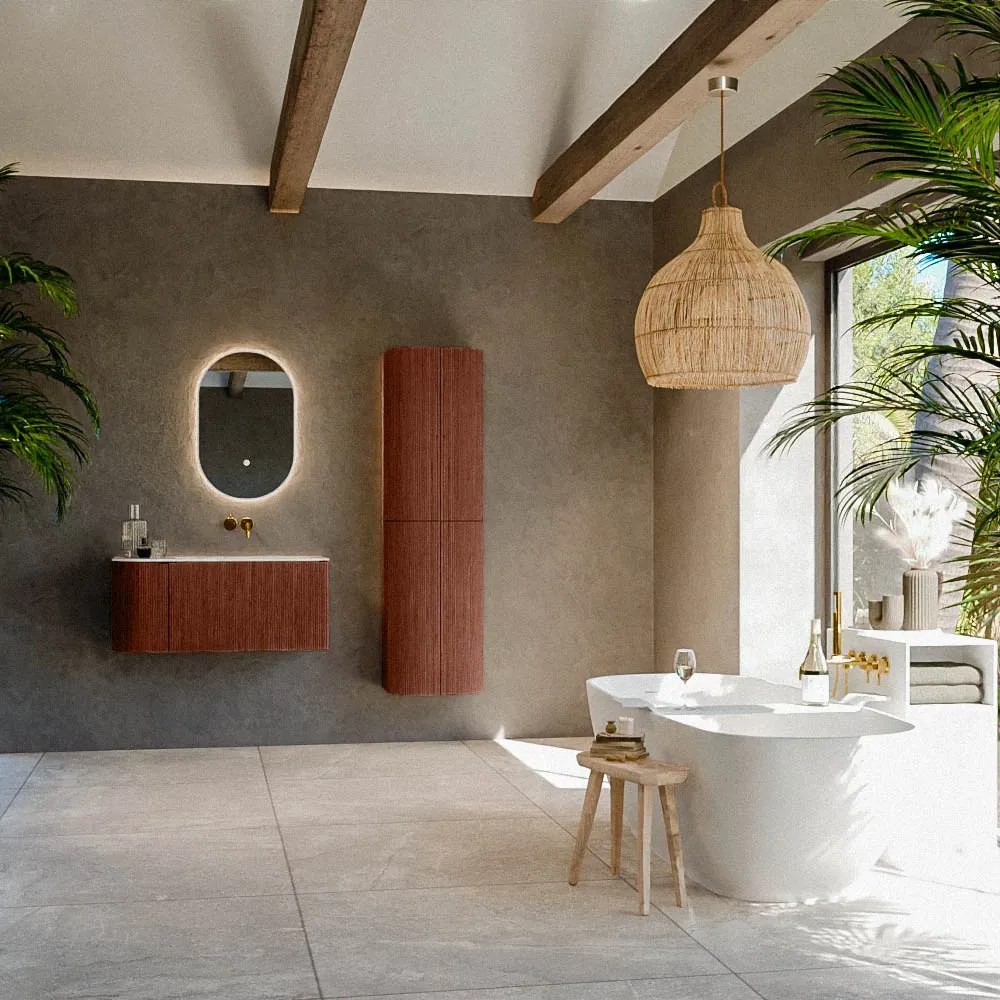 Mondiaz Kurve-dlux 95cm badmeubel ronding links ruby met 1 lade en deur en wastafel big small rechts zonder kraangat frappe