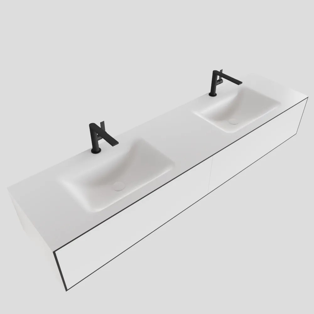 Zaro Lagom volledig naadloos solid surface onderkast 180cm mat zwart met 2 lades Push tot open. Compleet met solid surface wastafel met 2 kraangat(en)