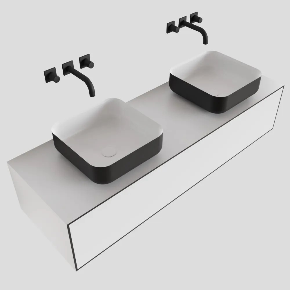 Zaro Lagom volledig naadloos solid surface onderkast met topblad 140cm mat zwart met 1 lades Push tot open. Compleet met solid surface opzetkom met 0 kraangat(en)