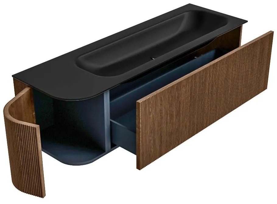 Mondiaz Kurve 145cm badmeubel ronding links walnut met 1 lade en deur en wastafel big large rechts 2 kraangaten urban