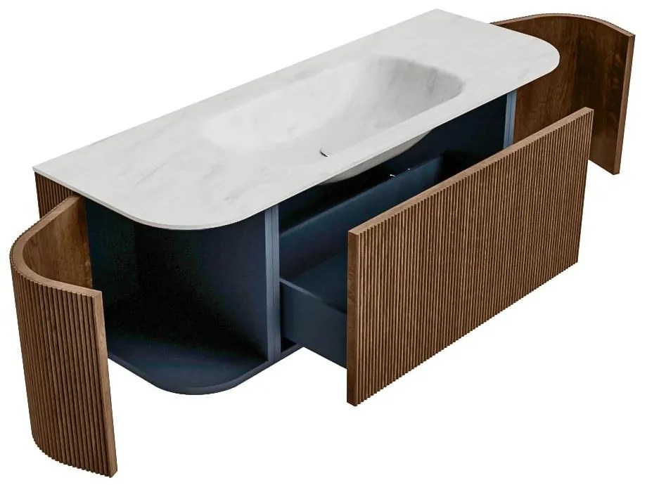 Mondiaz Kurve-dlux 130cm badmeubel ronding links/rechts walnut met 1 lade en 2 deuren en wastafel big small midden 1 kraangat opalo