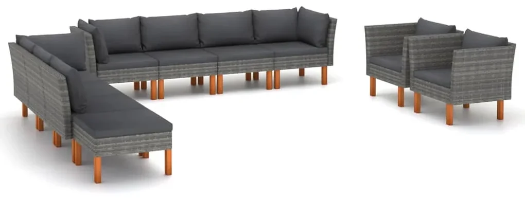 vidaXL 10-delige Loungeset poly rattan en eucalyptushout grijs