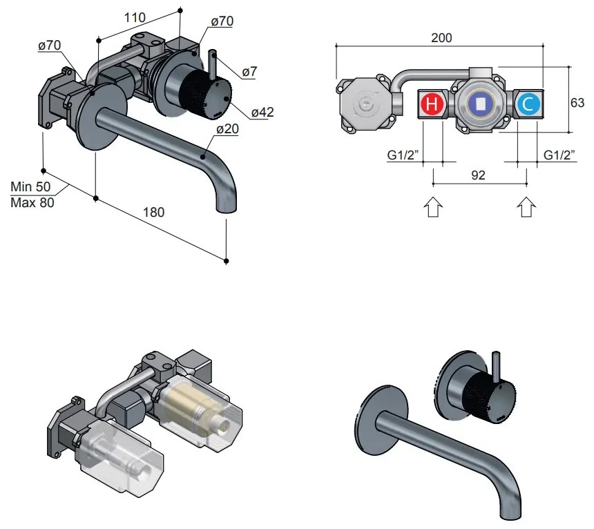 Hotbath Cobber X inbouw wastafelkraan 18cm zwart mat