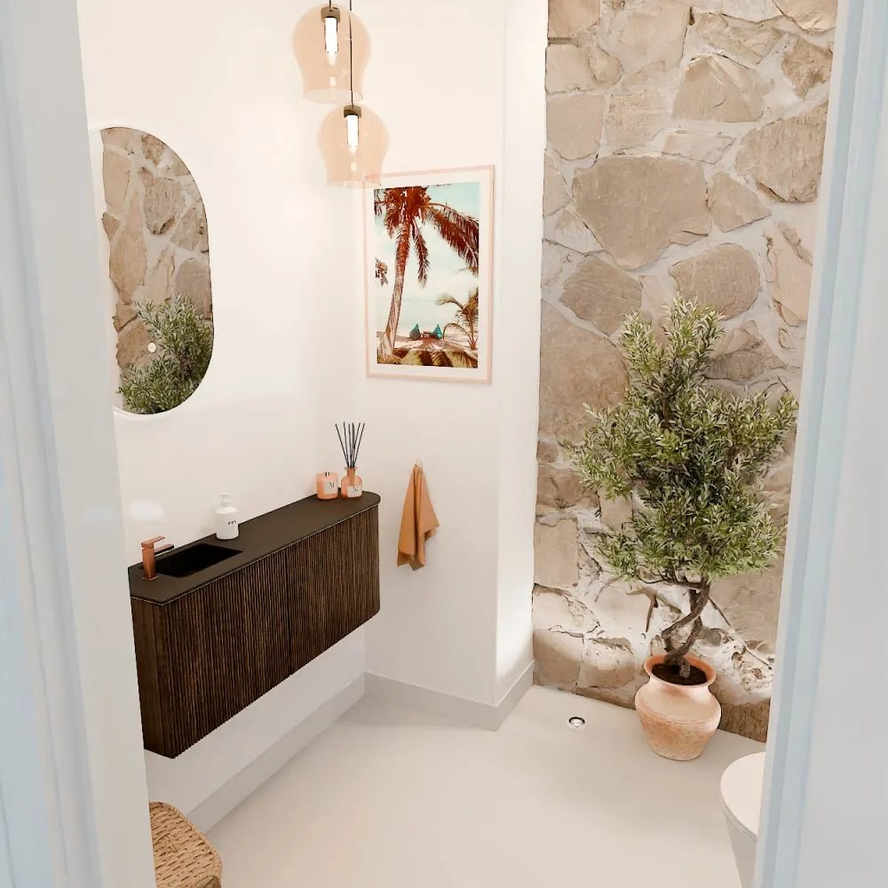 Mondiaz Joya 100cm toiletmeubel ronding rechts walnut met wastafel faye links 1 kraangat urban