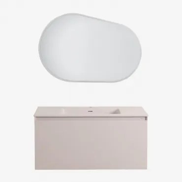 Macrae Zwevend Houten Badkamermeubelset Met Geïntegreerde Wastafel Beige – Linnen & Ovaal Led En Anticondens 100x80 Cm Riben & Zonder Kraan & ↔ -