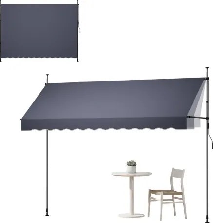 VEVOR Handmatig uitschuifbaar zonnescherm, 350 cm lang, in hoogte verstelbaar, terras- en raamoverkapping met handslinger voor tuin, terras en balkon, donkergrijs