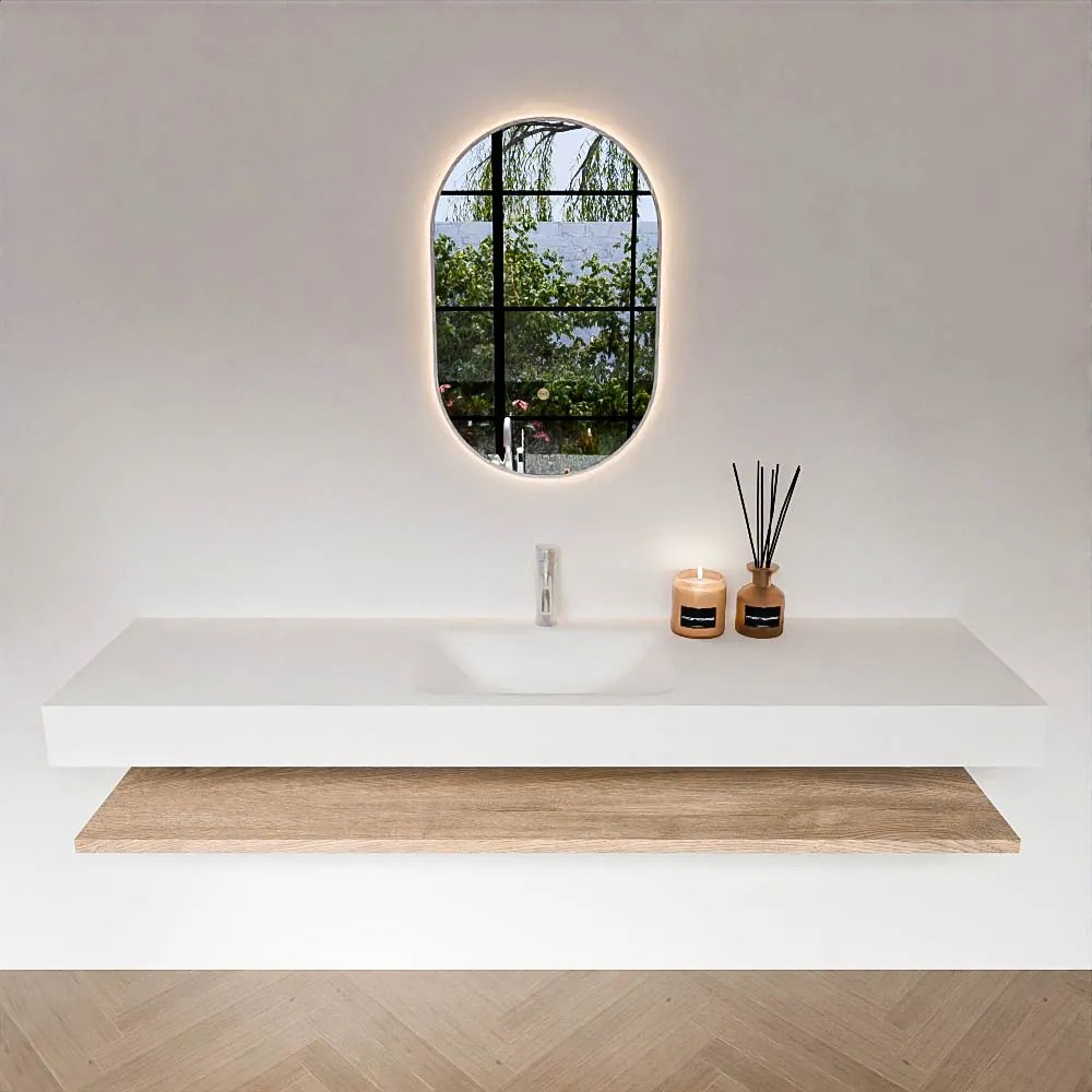 Zaro Alan badmeubel 180cm met planchet washed oak en vrijhangende wastafel cloud midden 1 kraangat talc
