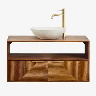 Baty Mangohouten Badkamermeubelset Mangohout & Rond Cement Wit Ø40 Cm Zavion & Spiegelloze & Goud ↑30 Cm Met Aftapkraan Zonder Overloop Orveta - Sklum