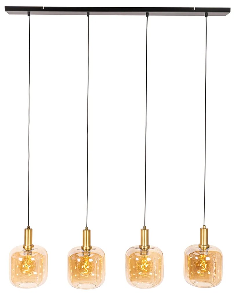 Design hanglamp zwart met messing en amber glas 4-lichts - Zuzanna