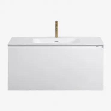 Macrae Zwevend Houten Badkamermeubelset Met Geïntegreerde Wastafel Wit & Spiegelloze & Geborsteld Goud ↑20 Cm Met Overloop Aftapventiel Orveta & ! -