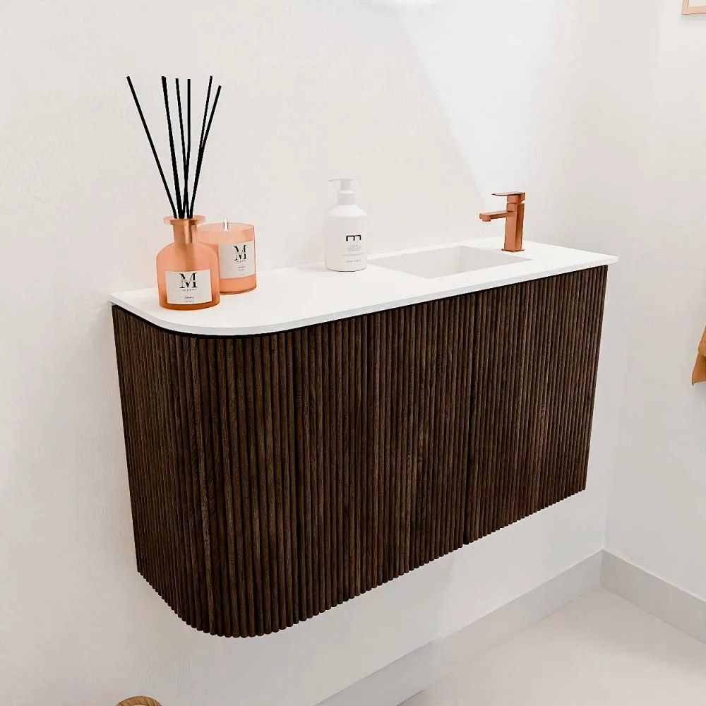 Mondiaz Joya 70cm toiletmeubel ronding links walnut met wastafel faye rechts 1 kraangat talc