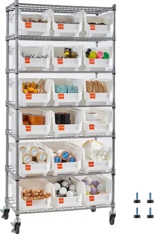 VEVOR vrijstaande opbergkast, opbergrek met 7 niveaus en 18 stapelbare dozen, boekenplank, keukenrek op wielen, gereedschapskast voor garage, magazijn, kantoor, restaurant, klaslokaal, keuken, 690x355x1490 mm