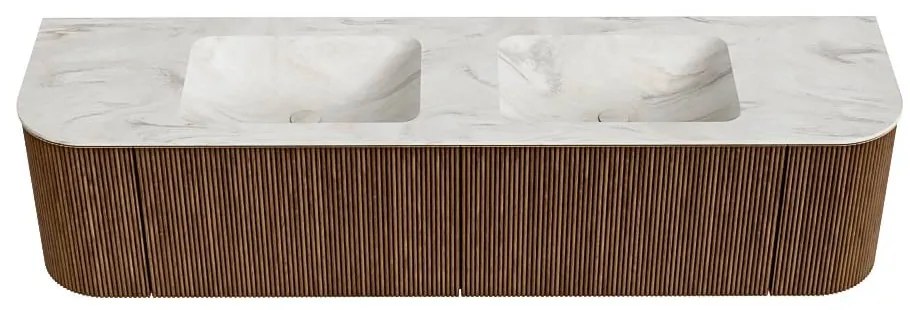 Mondiaz Kurve-dlux 180cm badmeubel ronding links/rechts walnut met 2 lades en deuren en wastafel leaf dubbel 2 kraangaten ostra