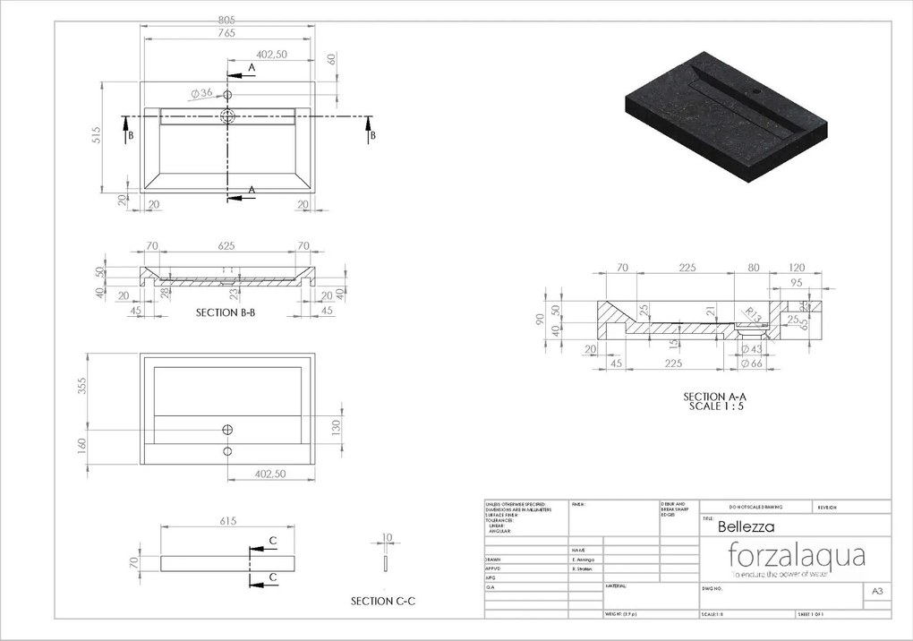 Forzalaqua Bellezza wastafel 80x50cm met kraangat graniet