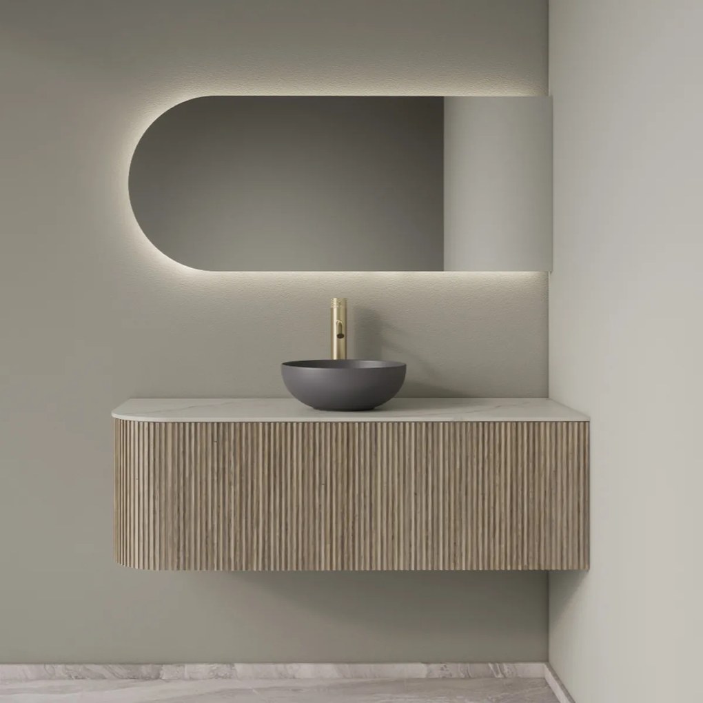 Gliss Design Alluro badmeubel ribbelfront met ronding links 120cm corn silk en wit marmer toppaneel