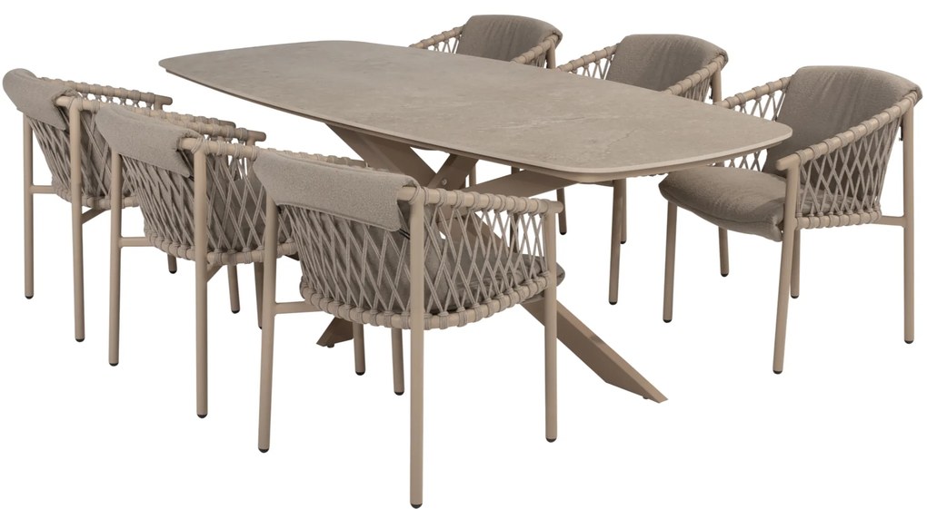 Prado Allora dining tuinset 240x105xH75 cm 7 delig keramiek barrel latte 4 Seasons Outdoor