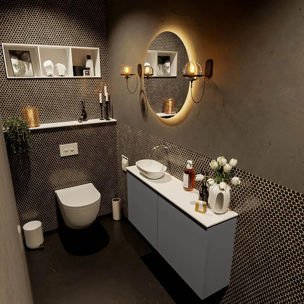 Mondiaz Fowy toiletmeubel 100cm dark grey met witte waskom links zonder kraangat