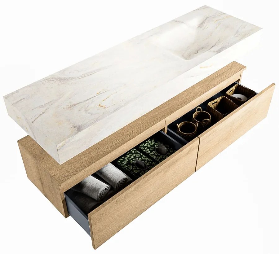 Mondiaz Alan DLux badmeubel 150cm washed oak 2 lades met wastafel ostra rechts 1 kraangat