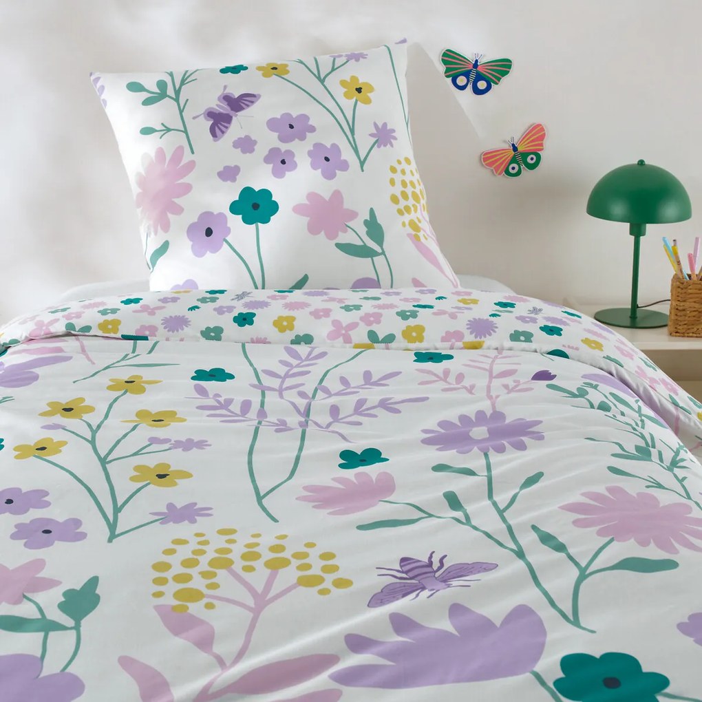 Katoenen bedset voor kinderen, vierkante kussensloop, Fleurs