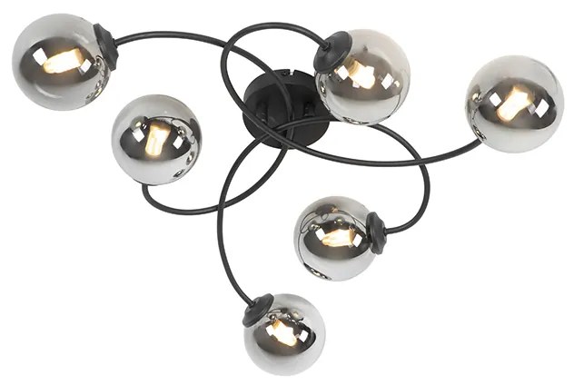 Moderne plafondlamp zwart 6-lichts met smoke glas - Athens