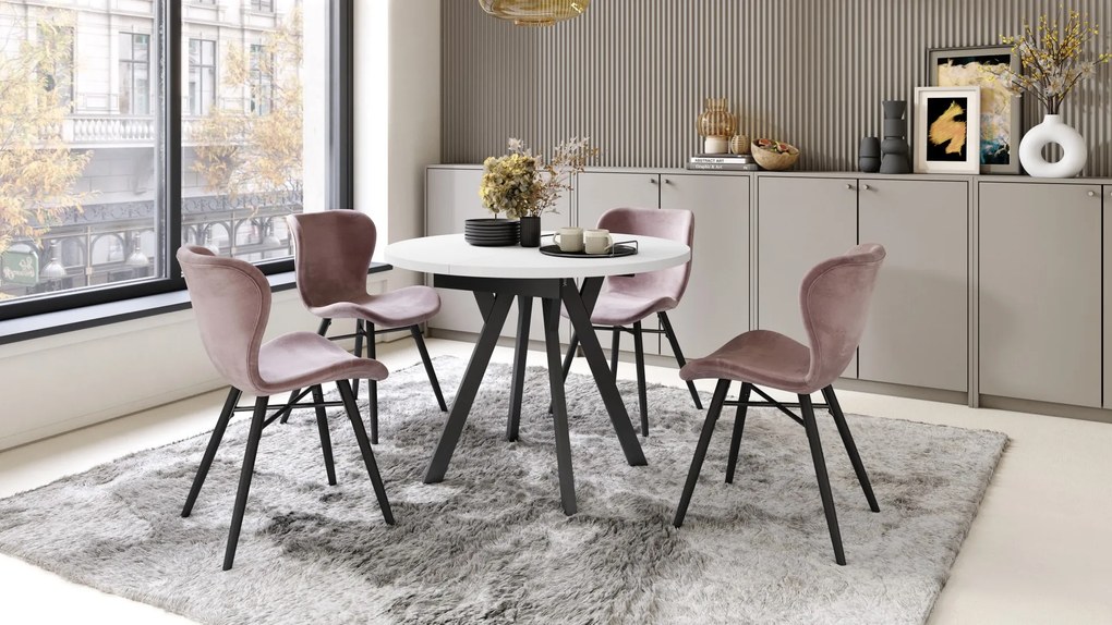 ALMO Wit Mat/Zwarte poten - RONDE LOFT/INDUSTRIËLE TAFEL VOOR WOONKAMER/EETKAMER, UITSCHUIFBAAR