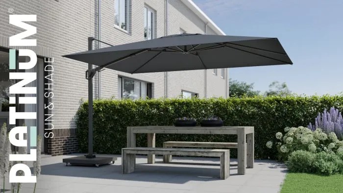 Platinum Challenger zweefparasol Premium T2 2,6x3,5 m - Havana Taupe met Marbella voet en hoes