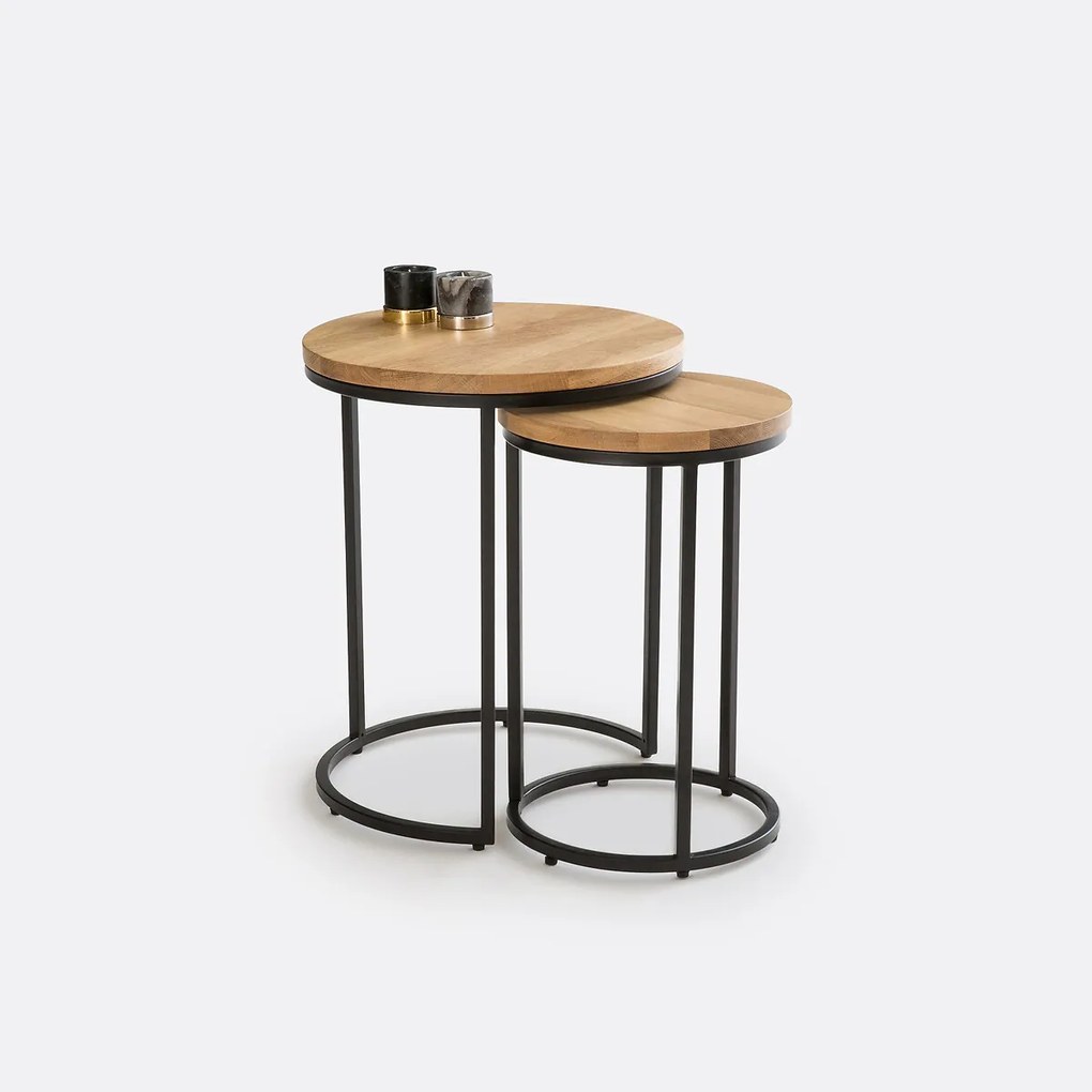 Set van 2 eiken en metalen bijzettafels, Vova