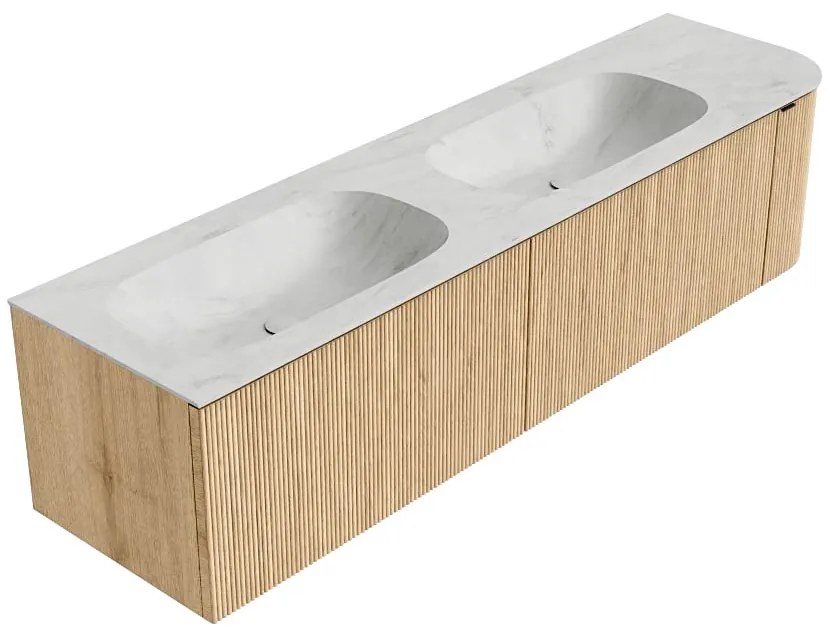 Mondiaz Kurve-dlux 175cm badmeubel ronding rechts oak met 2 lades en 1 deur en wastafel stor small dubbel/links 2 kraangaten opalo