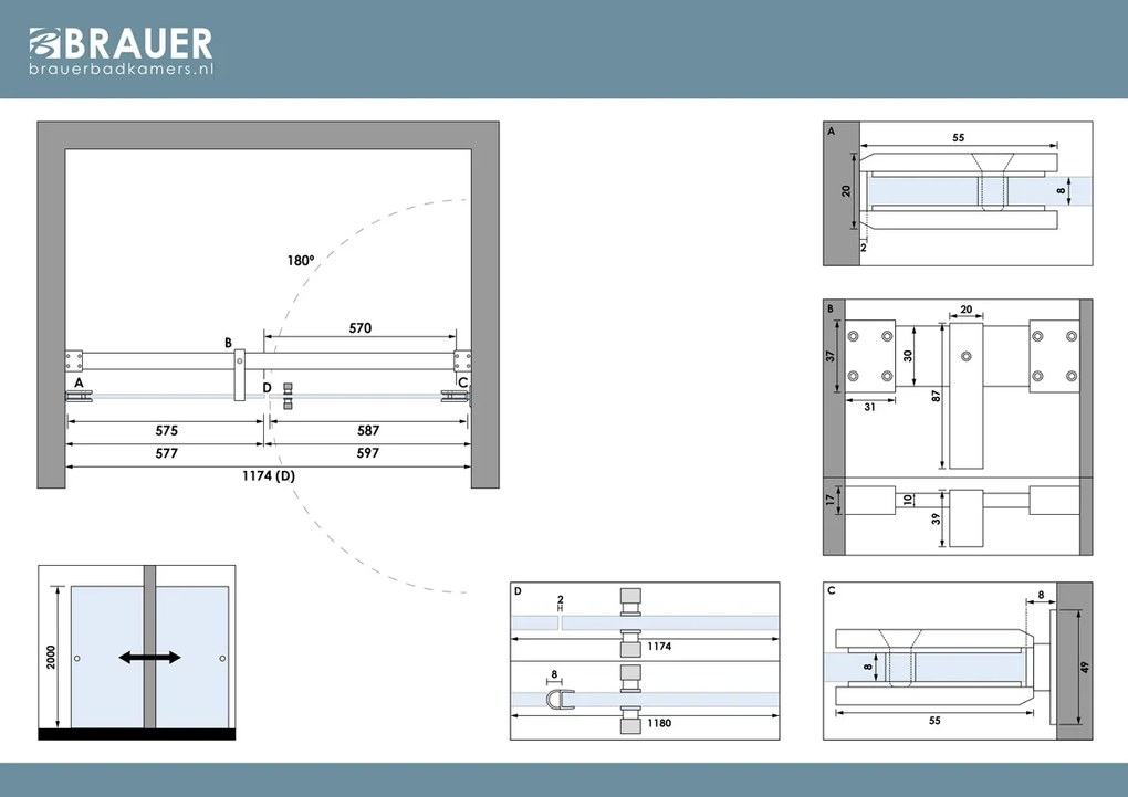 Brauer Void Carving profielloze nisdeur 120cm met draaideur 60cm aan muur gunmetal geborsteld PVD
