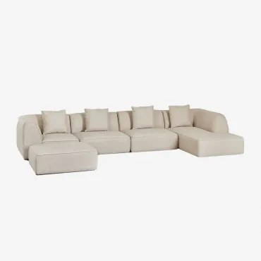 Modulaire Bank Met Chaise Longue Rechts, 4-delig Met Poef In Bouclé Stof Cardea Crèmebeige Boucléstof - Sklum