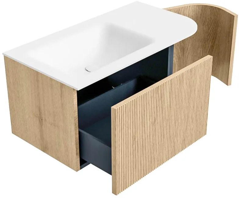 Mondiaz Kurve 85cm badmeubel ronding rechts oak met 1 lade en deur en wastafel cloud kraangat links