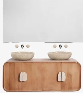 Dubbel Zwevend Badkamermeubelset 130x45 Cm Van Mangohout En Natuurlijke Kivalina-steen Rectangular Led And Antifog 140x75 Cm Riben & Travertijn - Mang