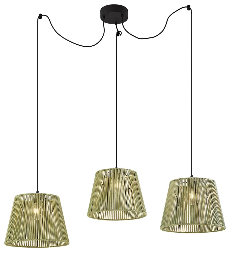 Buiten hanglamp zwart met groene kappen van touw 3-lichts IP44 - Cava Jayla