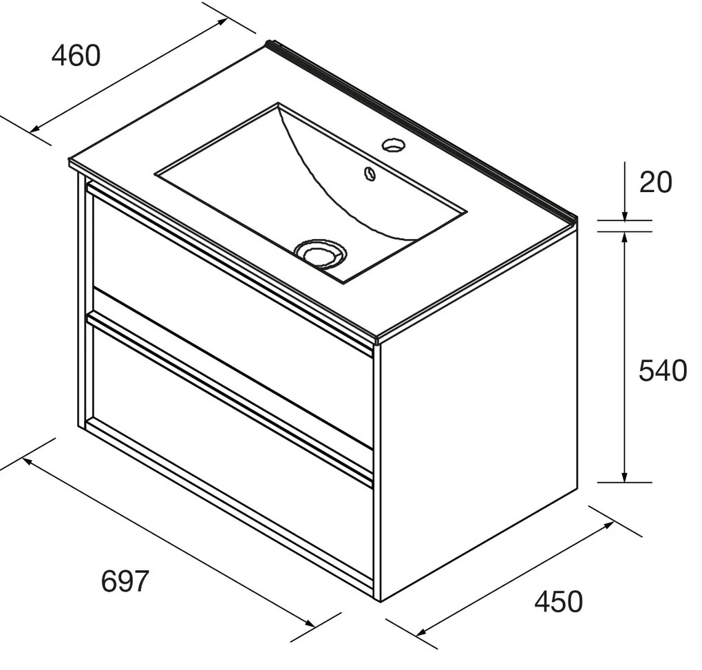 Muebles Project badmeubel 70cm met 2 lades en wastafel walnoot