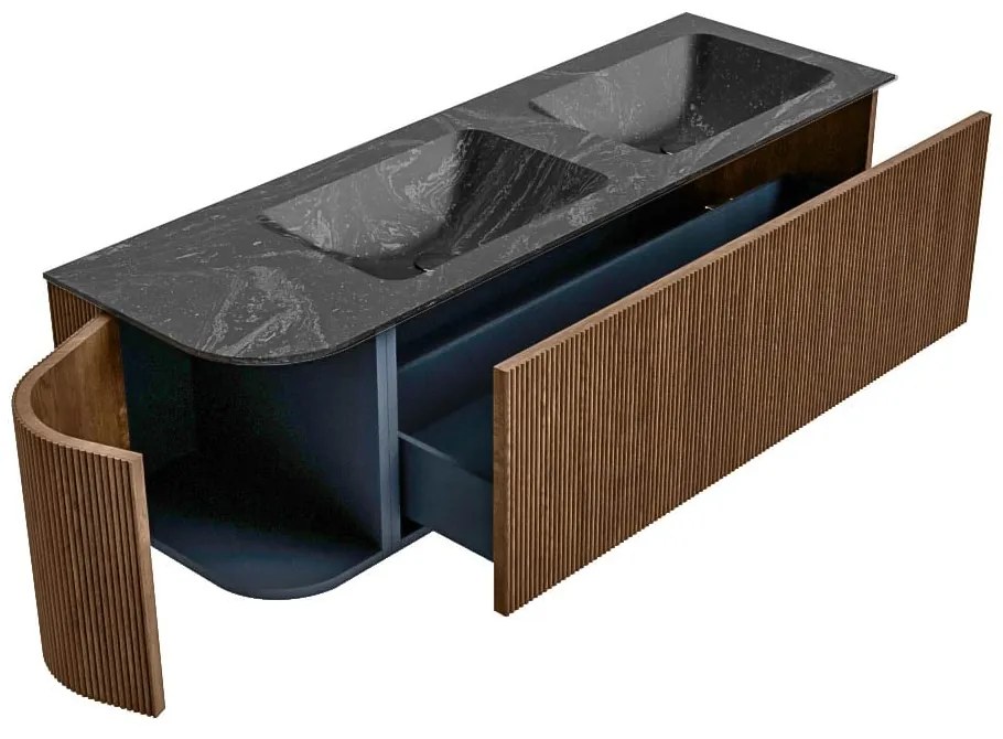 Mondiaz Kurve-dlux 145cm badmeubel ronding links walnut met 1 lade en deur en wastafel leaf dubbel/rechts zonder kraangat lava