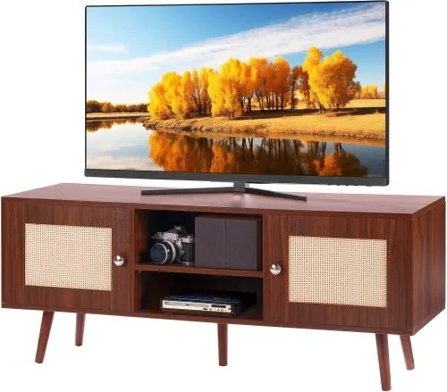 VEVOR Rotan TV-meubel, TV-kast Boho TV-meubel voor 140 cm TV, Retro TV-meubel, Rotan TV-console met verstelbare planken en 2 deuren, voor woonkamer, mediaruimte, Walnoot