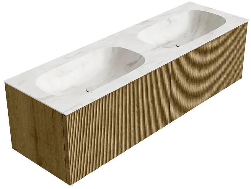 Mondiaz Kurve-dlux 150cm badmeubel dusk met 2 lades en wastafel stor small dubbel 2 kraangaten ostra